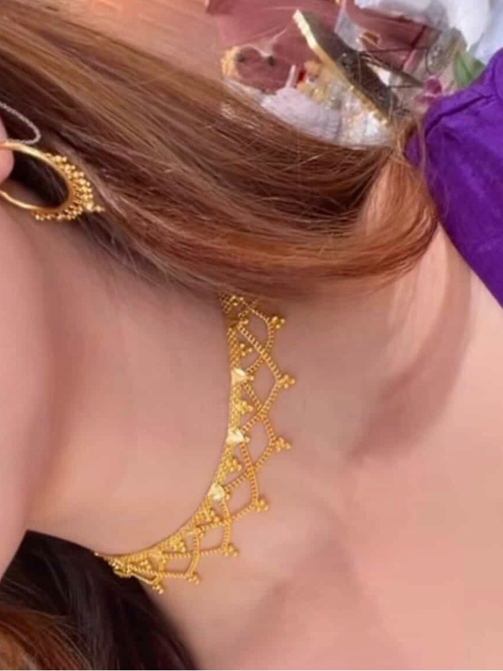 Delicate Gold Lattice Choker Necklace and Wali Earring